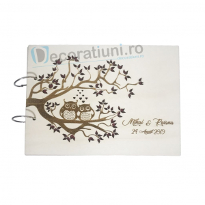 Decoratiuni evenimente - Guestbook din lemn personalizat, guestbook nunta - model pom si bufnite