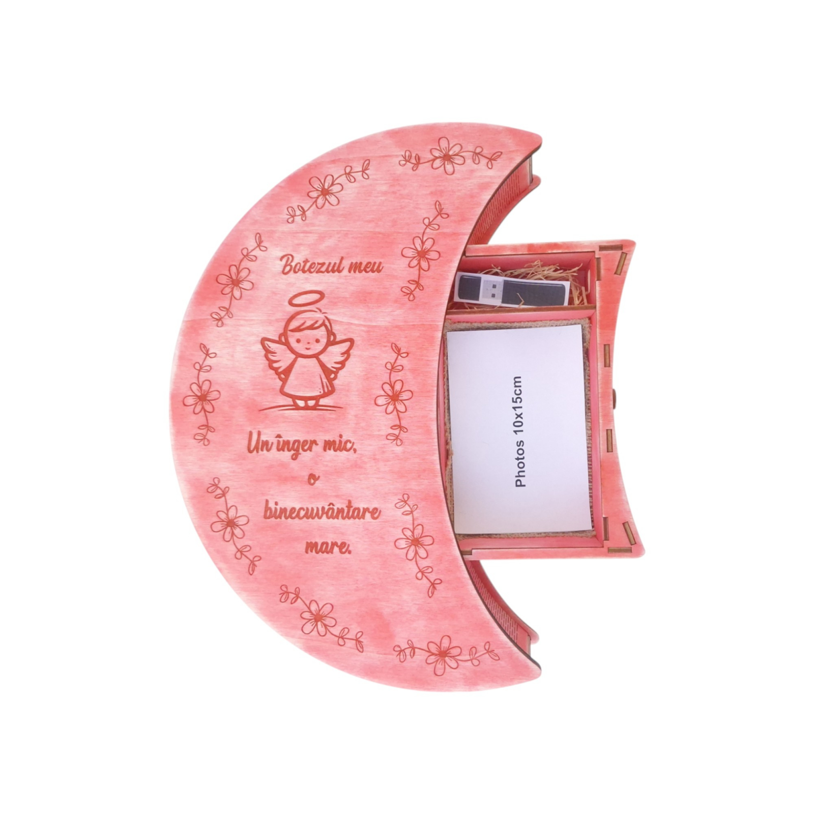 Cutie din lemn, compartiment stick si poze 10x15cm pentru botez, roz vintage