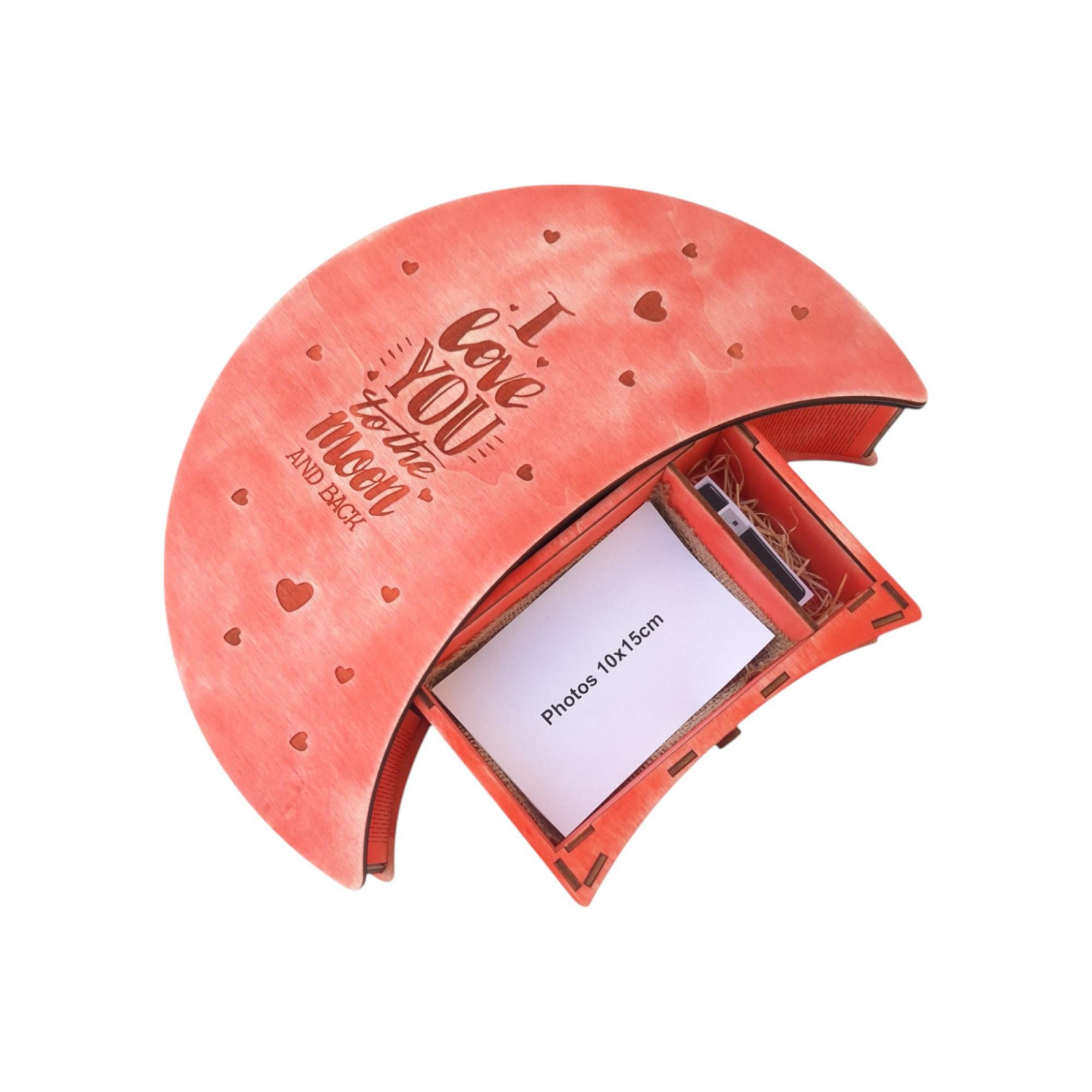 Cutie pentru fotografii si stick USB, forma luna, rosu vintage, 37x25x7CM