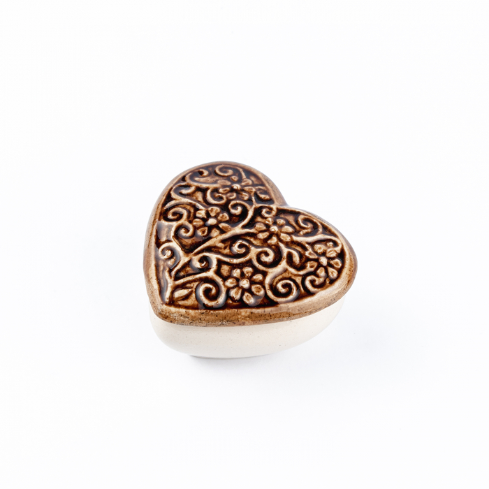 Cutiuță bijuterii din ceramică, inimă maro, detalii florale [3]
