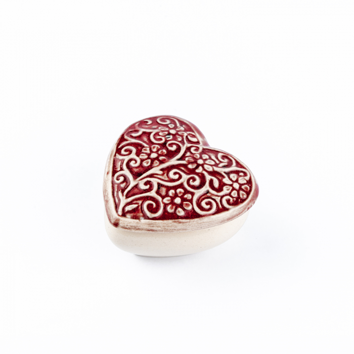 Cutiuță bijuterii din ceramică, inimă roșie, detalii florale [3]