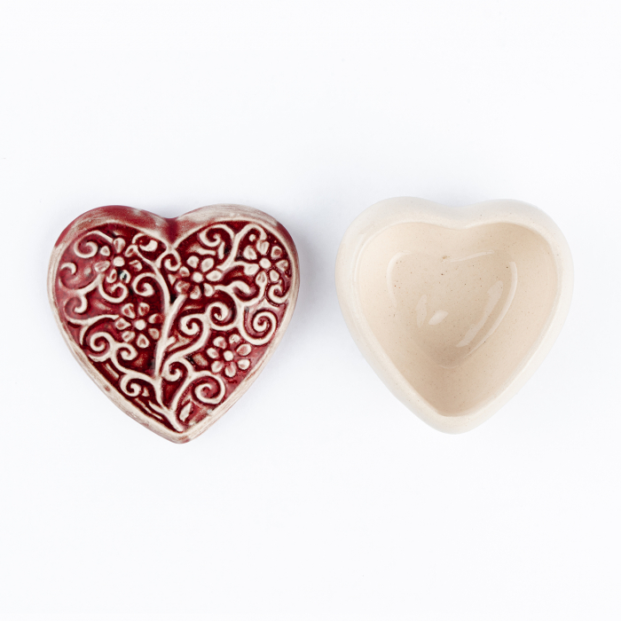 Cutiuță bijuterii din ceramică, inimă roșie, detalii florale [4]