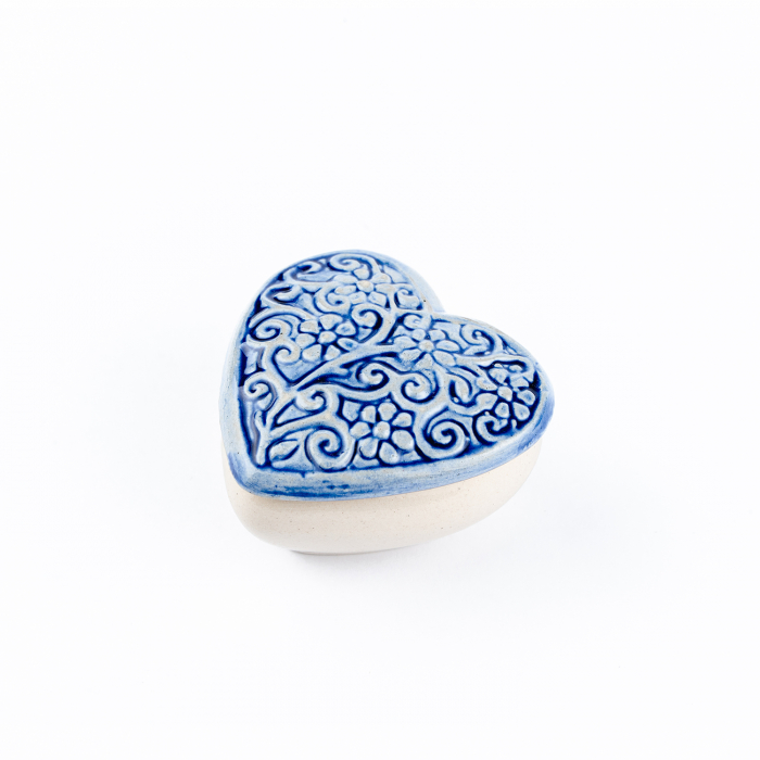 Cutiuță bijuterii din ceramică, inimă albastră, detalii florale [3]