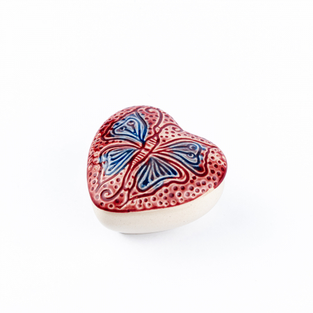 Cutiuță bijuterii din ceramică, inimă roșie, detaliu fluture [3]