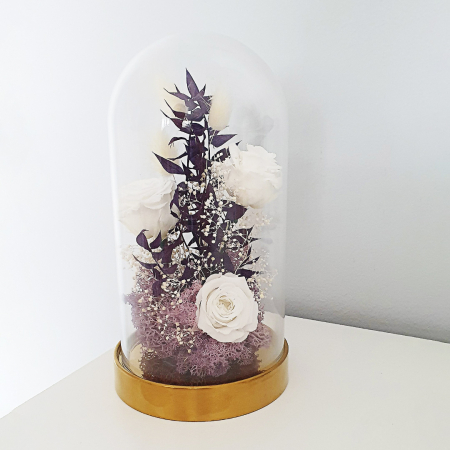 Aranjamente plante stabilizate - Aranjament floral plante stabilizate Cupolă trandafiri albi criogenați DecoTerrarium