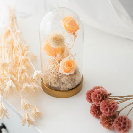 Aranjament floral plante stabilizate Cupolă trandafiri galbeni criogenați DecoTerrarium