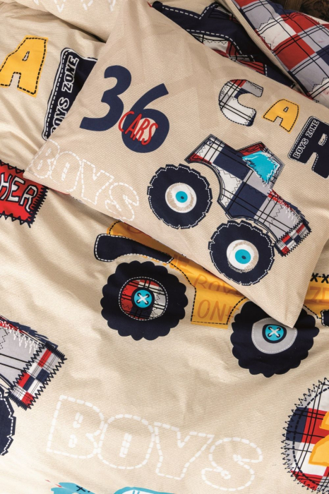 Lenjerie de pat cu elastic, o persoana, bumbac 100%, Cotton Box, Cars - Beige v2 [2]