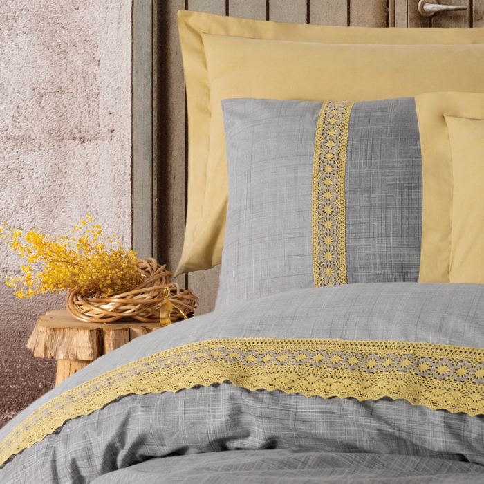 Lenjerie de pat cu dantelă, 6 piese, bumbac 100%, Cotton Box, Hazel - Mustard [2]