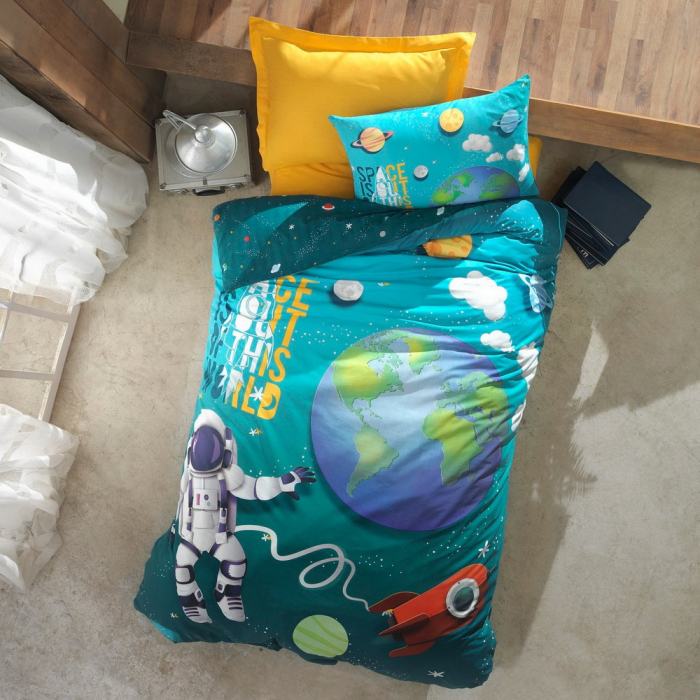 Lenjerie de pat ranforce, o persoana, bumbac 100%, Cotton Box, Little Astronaut - Turqouise [2]