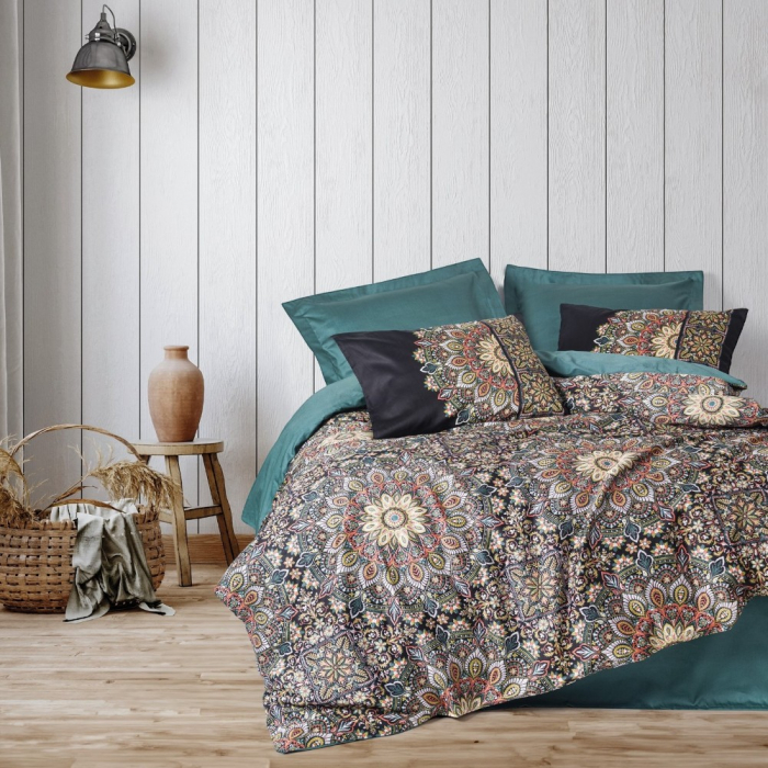 Lenjerie de pat satin, 6 piese, bumbac 100%, Cotton Box, Ornate - Petrol [1]