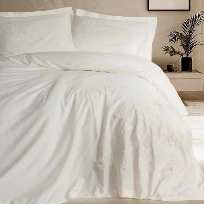 Lenjerie de pat satin premium brodată, 6 piese, bumbac 100%, Cotton Box, Chic - Ecru [1]