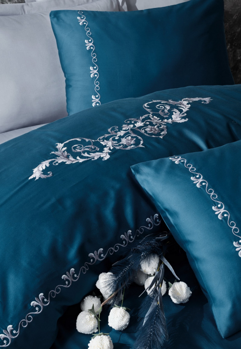 Lenjerie de pat satin premium brodată, 6 piese, bumbac 100%, Cotton Box, Gloria - Blue [2]