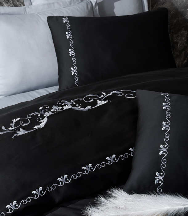 Lenjerie de pat satin premium brodată, 6 piese, bumbac 100%, Cotton Box, Gloria - Grey [2]