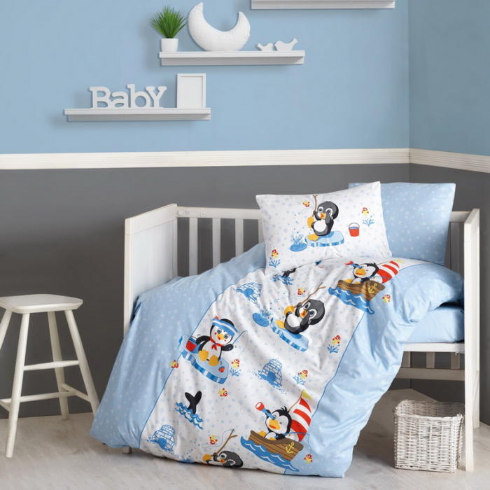 Lenjerie pătuț bebe, bumbac 100%, Cotton Box, Pinguin [3]