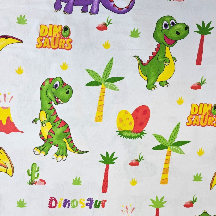 Material textil finet, 240cm, 100% bumbac, Alb cu dinozauri [2]