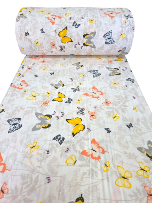 Material textil finet, 240cm, 100% bumbac, Alb cu fluturasi galbeni si portocalii [3]