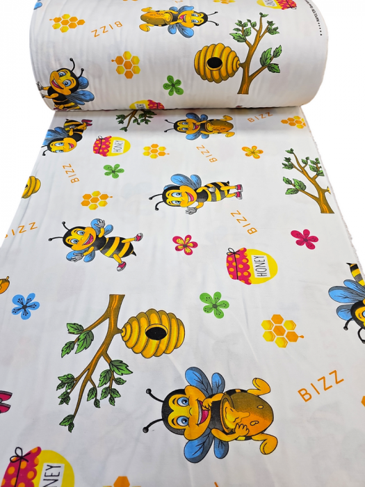 Material textil finet, 240cm, 100% bumbac, Alb cu albinuta [2]