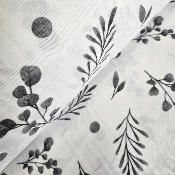 Material textil finet, 240cm, 100% bumbac, Alb cu frunze gri [1]