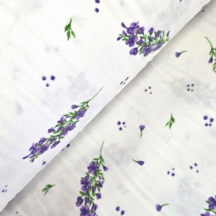 Material textil finet, 240cm, 100% bumbac, Alb cu lavanda mica [1]