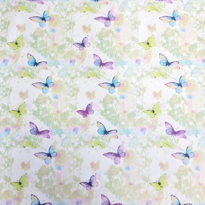 Material textil finet, 240cm, 100% bumbac, Alb cu fluturasi lila si verzi [2]