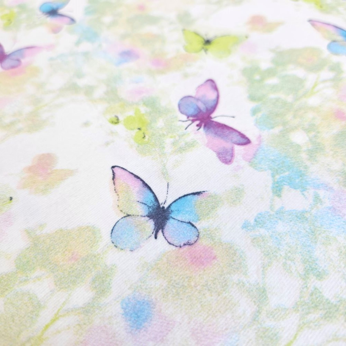 Material textil finet, 240cm, 100% bumbac, Alb cu fluturasi lila si verzi [3]