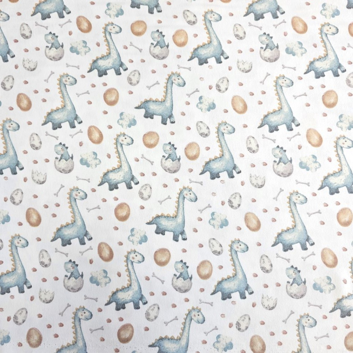 Material textil finet, 240cm, 100% bumbac, Alb cu dinozauri albastrii [2]