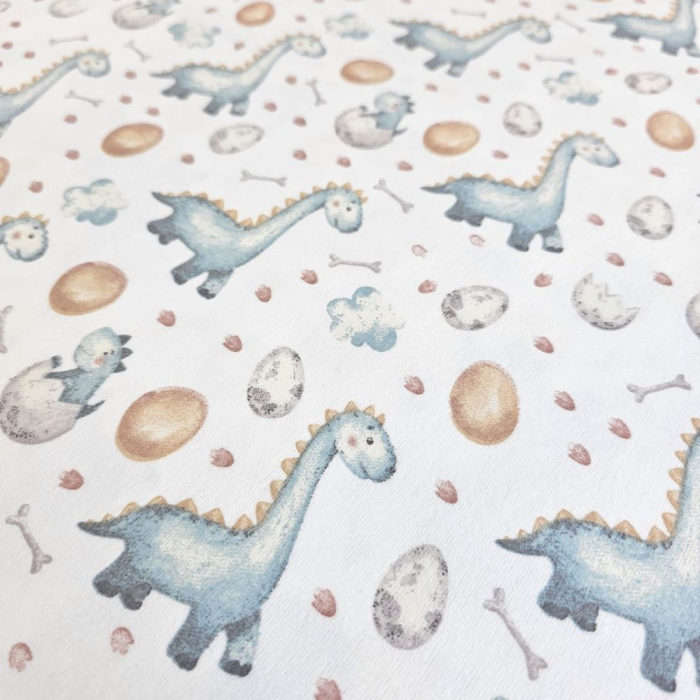 Material textil finet, 240cm, 100% bumbac, Alb cu dinozauri albastrii [3]