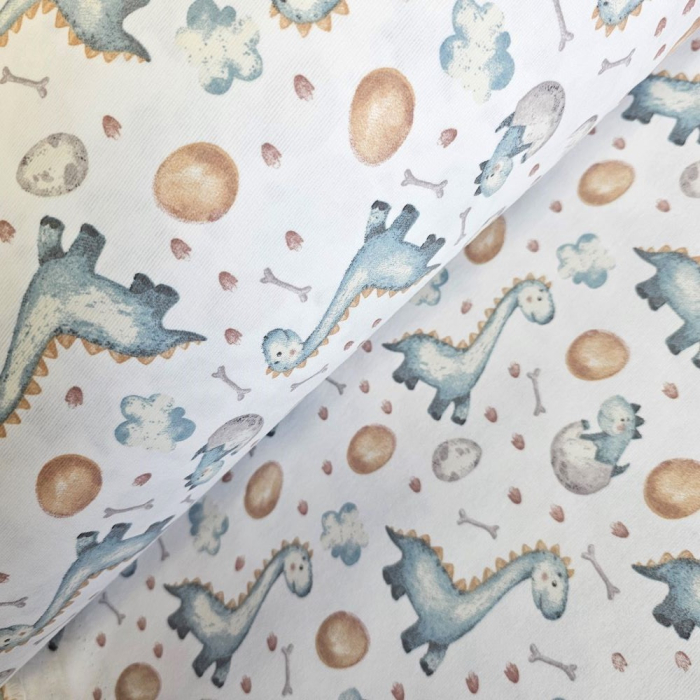 Material textil finet, 240cm, 100% bumbac, Alb cu dinozauri albastrii [1]