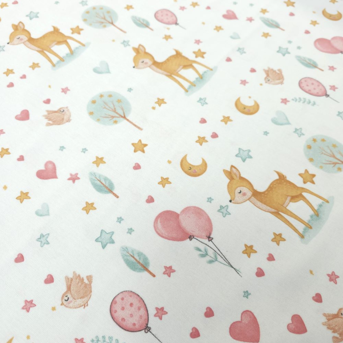 Material textil finet, 150cm, 100% bumbac, Alb cu baloane roz si caprioare [3]