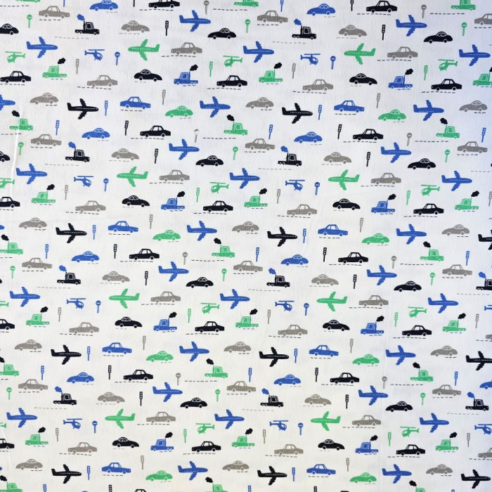 Material textil finet, 240cm, 100% bumbac, Alb cu avioane si masinute [2]