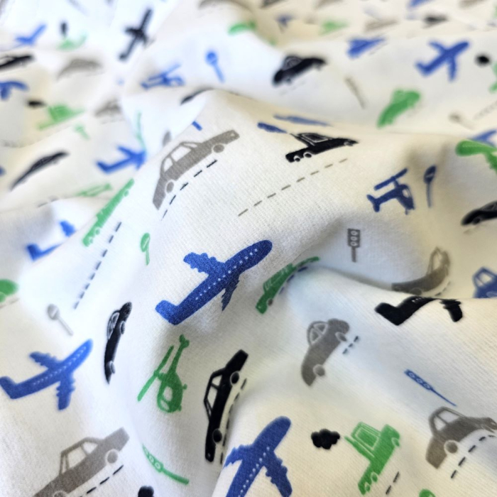 Material textil finet, 240cm, 100% bumbac, Alb cu avioane si masinute [3]