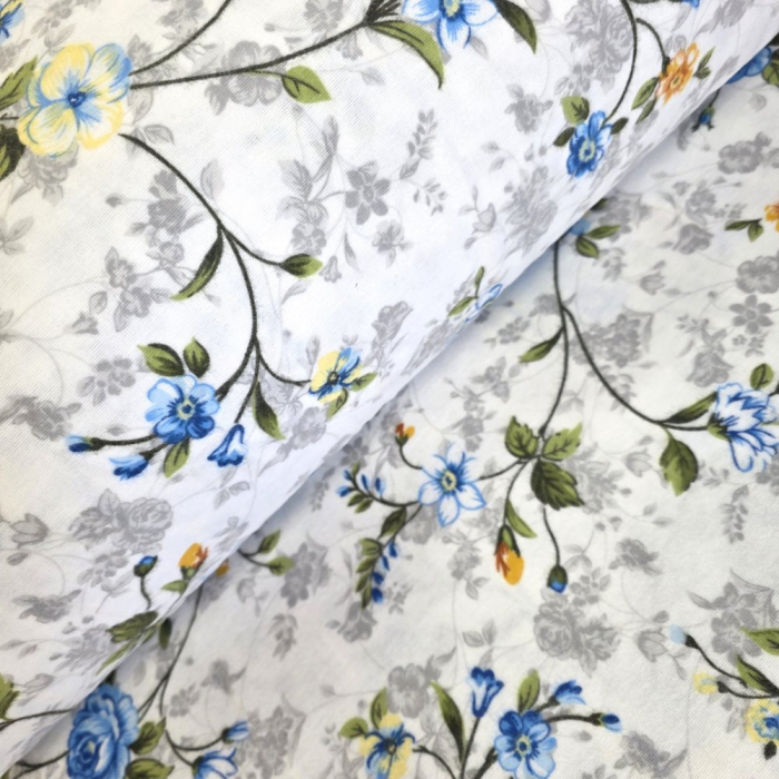 Material textil finet, 240cm, 100% bumbac, Alb cu flori albastre [1]