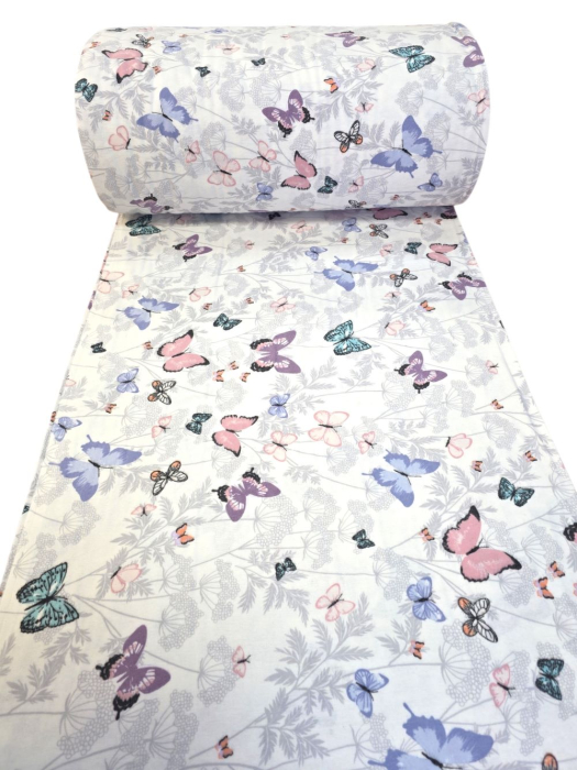 Material textil finet, 240cm, 100% bumbac, Alb cu fluturasi roz si mov [2]