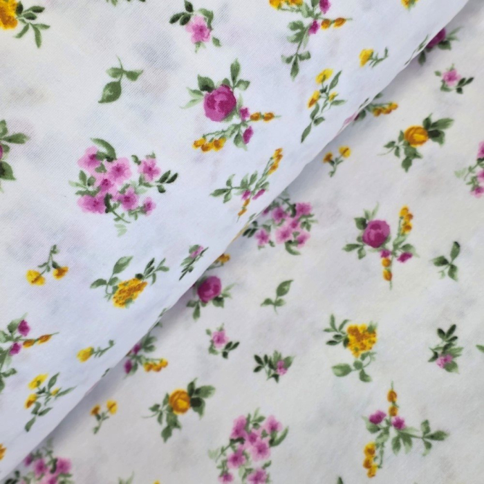 Material textil finet, 240cm, 100% bumbac, Alb cu floricele roz si galbene [1]