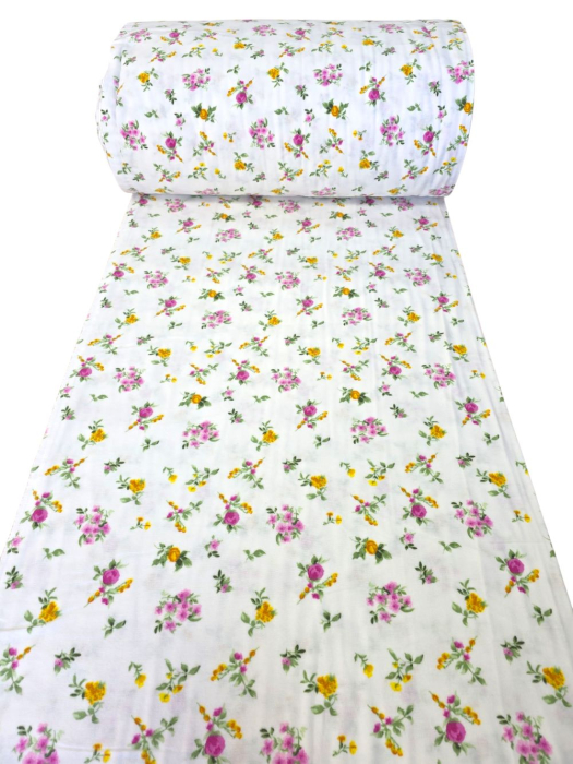 Material textil finet, 240cm, 100% bumbac, Alb cu floricele roz si galbene [3]