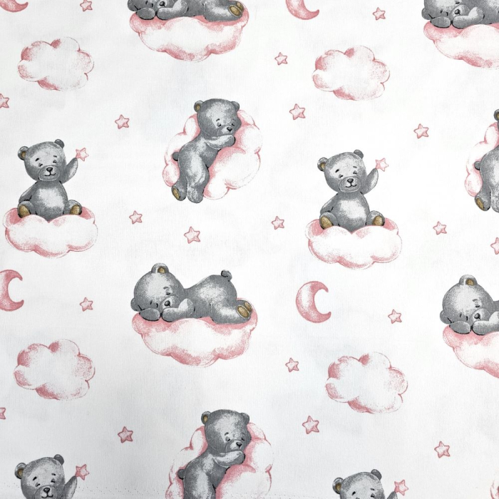 Material textil finet, 240cm, 100% bumbac, Alb cu ursuleti si norisori roz [3]