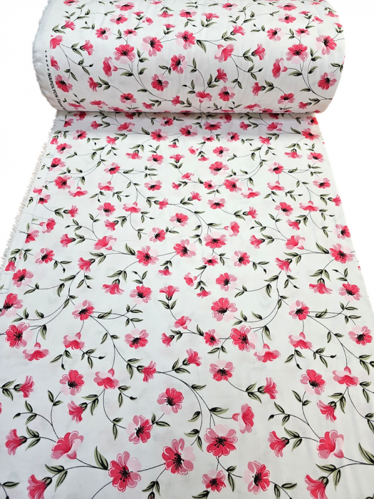 Material textil finet, 240cm, 100% bumbac, Alb cu flori corai [2]