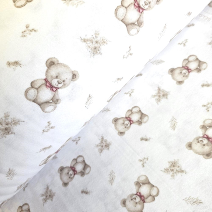 Material textil finet, 240cm, 100% bumbac, Alb cu ursuleti beige [1]