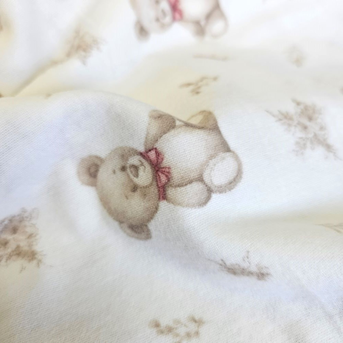 Material textil finet, 240cm, 100% bumbac, Alb cu ursuleti beige [3]