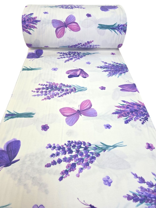 Material textil finet, 240cm, 100% bumbac, Alb cu lavanda si fluturasi [2]
