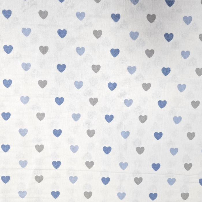 Material textil finet, 240cm, 100% bumbac, Alb cu inimioare bleu si gri [3]