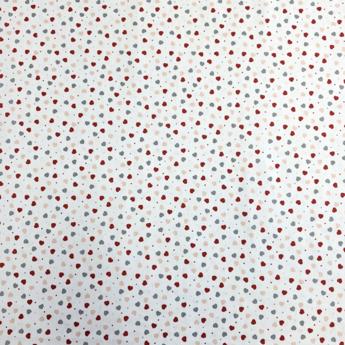 Material textil finet, 240cm, 100% bumbac, Alb cu inimioare mici rosii si gri [2]