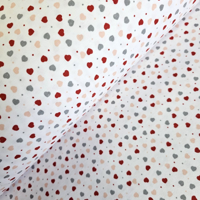 Material textil finet, 240cm, 100% bumbac, Alb cu inimioare mici rosii si gri [1]