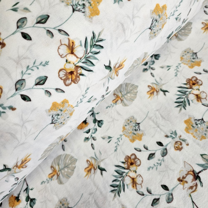 Material textil finet, 240cm, 100% bumbac, Alb cu flori de hibiscus [1]