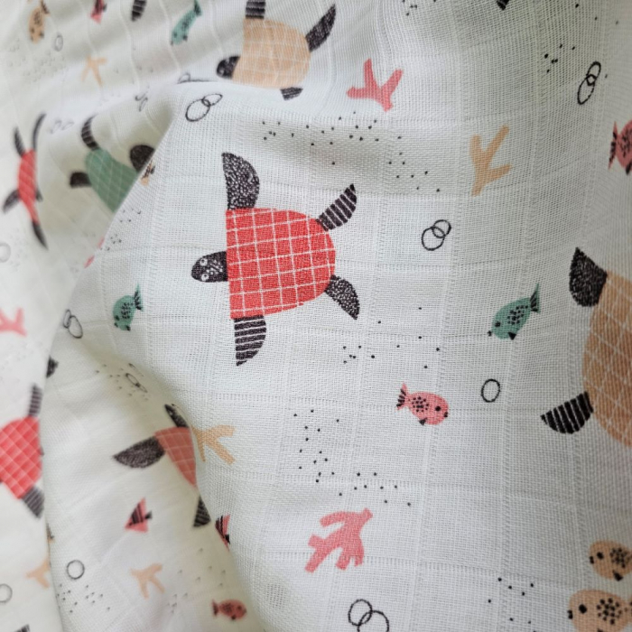 Material textil muselina, 160cm, 100% bumbac, Alba cu broscute rosii [2]