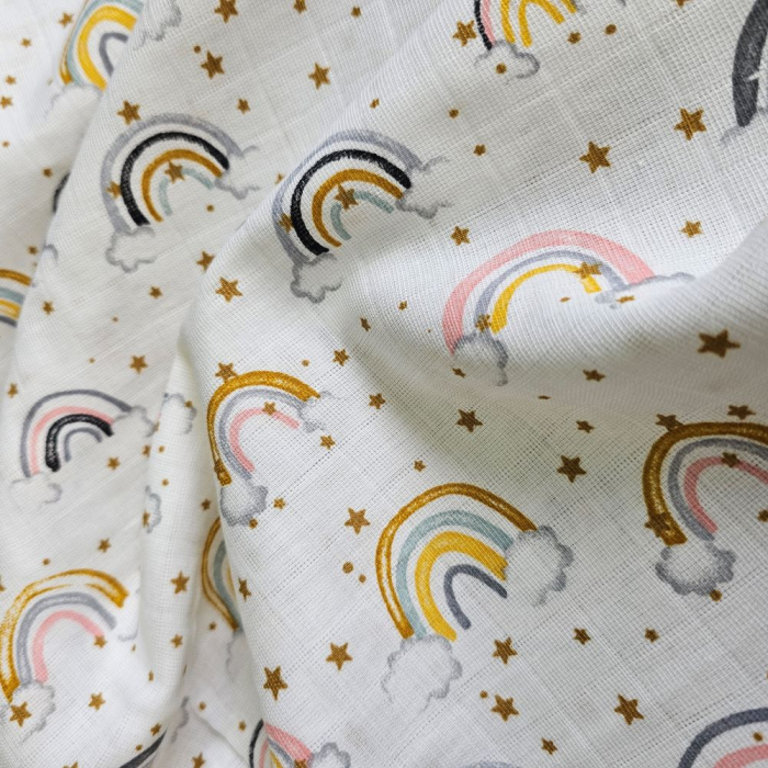 Material textil muselina, 160cm, 100% bumbac, Alba cu curcubeu [2]
