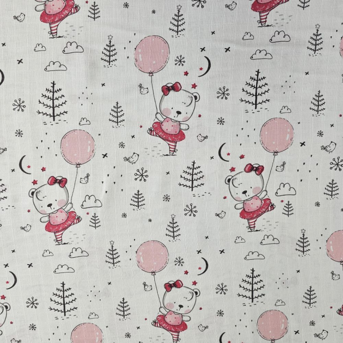 Material textil muselina, 160cm, 100% bumbac, Alba cu ursuleti roz [2]