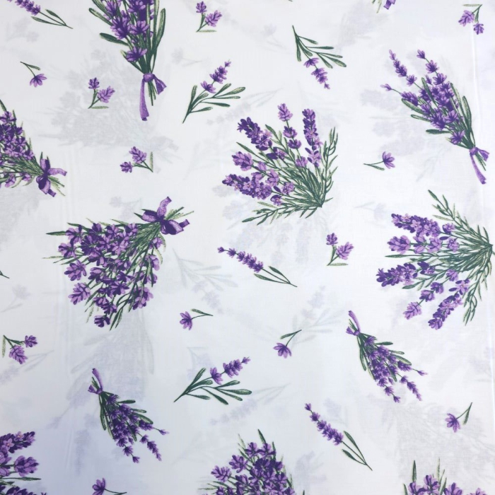 Material textil ranforce, 240cm, bumbac 100%, Alb cu buchete mici de lavanda [2]