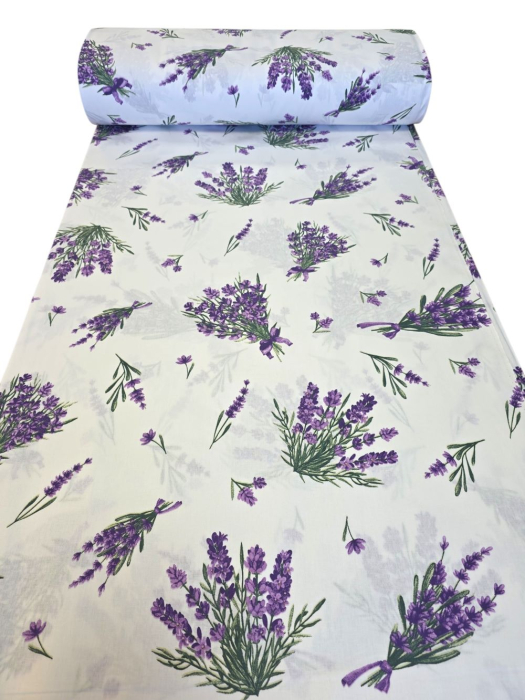 Material textil ranforce, 240cm, bumbac 100%, Alb cu buchete mici de lavanda [3]