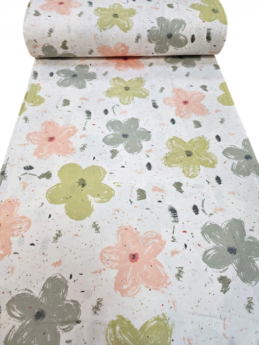 Material textil ranforce, 240cm, bumbac 100%, Alb cu flori verzi si roz [2]